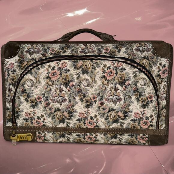 American Vintage Handbags - Vintage French Luggage Co. Floral Tapestry Suede Trim Travel Case with Lock